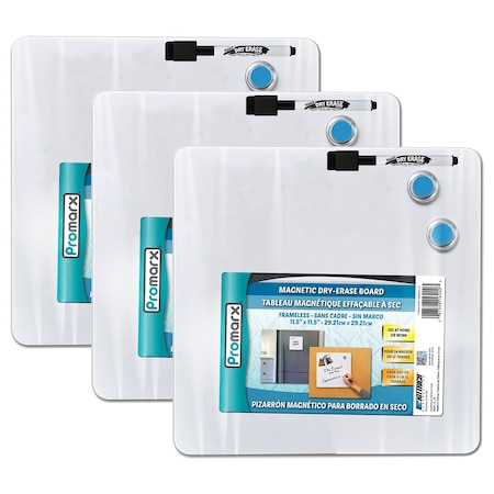 Promarx Magnetic Dry-Erase Board with Dry-Erase Marker & Two Magnets, 11.5" x 11.5", 3PK DE16-WDSU01-12