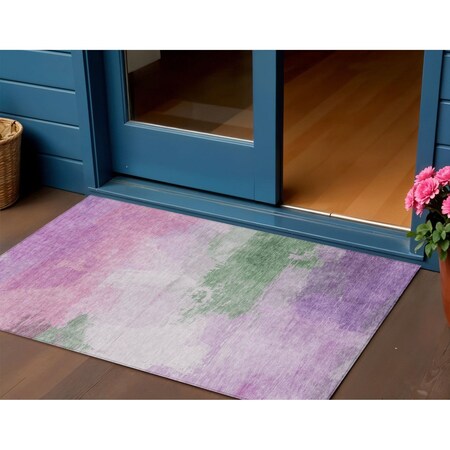 Homeroots 3' X 5' Lilac Lavender And Green Abstract Washable Indoor Outdoor Area Rug 611270