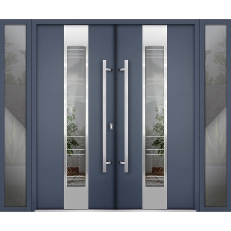 Vdomdoors Steel Double Doors Deux 5755 Gray Graphite 2 Sidelight Exterior Windows Stainless Inserts Single Mo DEUX5755DEXD-GRE-RH-W12+72+12 x H80