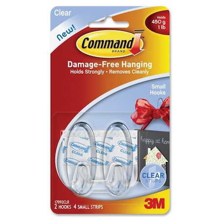 Command Adhesive Hook, 1 lb, 2Hook, Plastic, Clear 17092CLR