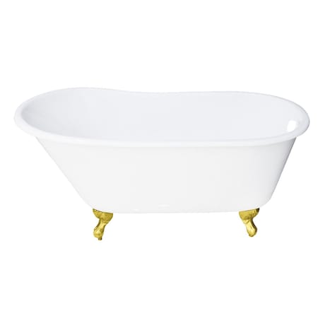 Kingston Brass 53" Cast Iron Oval Single Slipper Clawfoot Tub, No Faucet Drillings, White/Polished Brass VCTND5328NT2