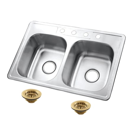 Kingston Brass 33-Inch Stainless Steel Self-Rimming Double Bowl Drop-In Kitchen Sink, 4-Hole with Strainer KGKTD332267