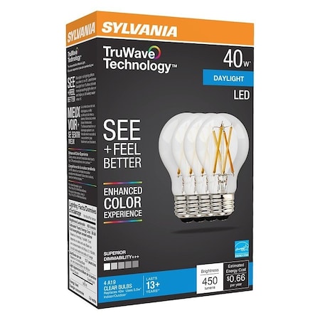Sylvania Natural LED Bulb, General Purpose, A19 Lamp, 40 W Equivalent, E26 Lamp Base, Dimmable, Clear 49826