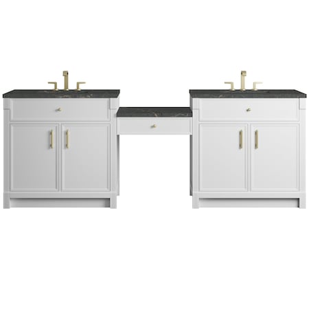 James Martin Vanities Bellshire 96" Dual Vanity Set w/24" Make-Up Counter, Bright White w/3 cm Parisien Bleu Silestone Top 660-VMC96-BW-3PBL