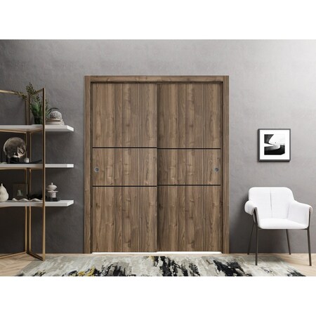 Sartodoors Sliding Closet Bypass Doors, Planum 0014 Walnut and Aluminum Strips, Sturdy Rails Moldings Trims Ha PLANUM0014DBD-WLN-4896