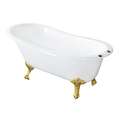 Kingston Brass 61" Cast Iron Oval Single Slipper Clawfoot Tub, 7" Faucet Drillings, White/Brushed Brass VCT7D653129B7