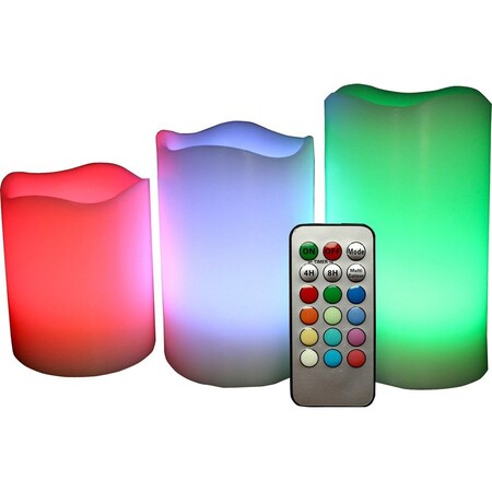Unilution CAC70RW31456M Round Melted Edge Remote Controlled Changing Flameless Wax Pillar Candles; Multicolor - Set of 3 CAC70RW31456M