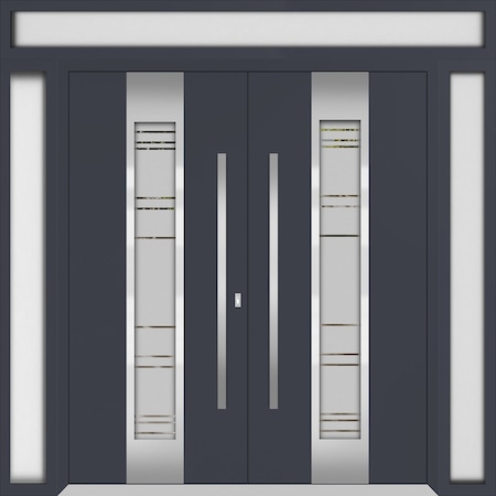 Vdomdoors Metal Double Doors Deux 0757 Gray Graphite Frosted Glass 2 Sidelights and Top Transom Entry Modern DEUX0757DEXD-GRE-W12+72+12xH96+14-LH-I