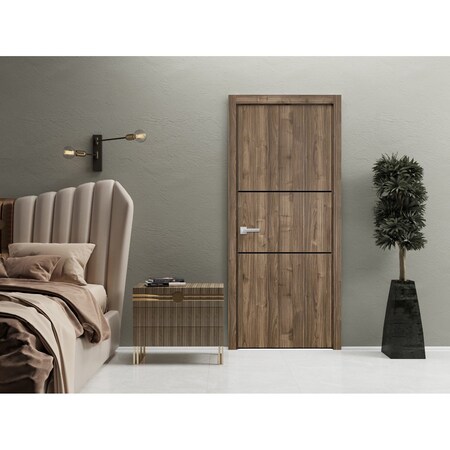 Sartodoors Modern Wood Interior Door with Hardware, Planum 0014 Walnut and Aluminum Strips, Single Panel Frame PLANUM0014ID-WLN-3096
