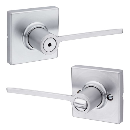 Kwikset Ladera Lever with Square Rose Privacy Door Lock with 6AL Latch and RCS Strike Satin Chrome Finish 300LRLSQT-26D