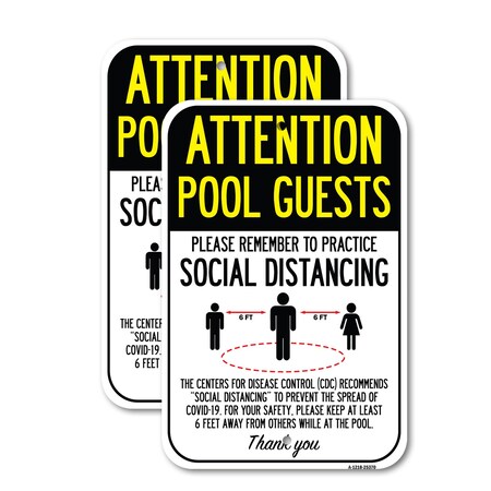 Signmission Attention Pool Guests Practice Social Distancing, 18'' X 24'' 2 Signs, Heavy Gauge Aluminum, 2PK A-1824-2PACK-25370