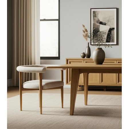 Homeroots Beige and Brown Upholstered Cushion And Solid Wood Open Back Dining Arm Chair 605670