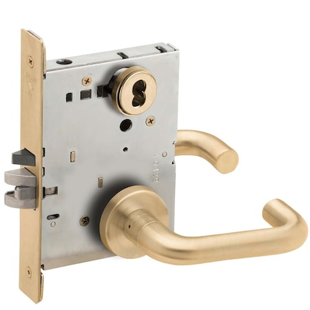 Schlage Grade 1 Storeroom Mortise Lock, FSIC Less Core, 03 Lever, A Rose, Satin Brass Finish, Field L9080J 03A 606