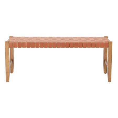 Homeroots 48in Tan and Brown Faux Leather and Solid Wood Upholstered Bench 668864