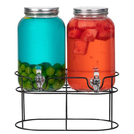 Basicwise 2-Pcs Versatile Glass Drink Dispenser Set with Metal Stand and Stainless Steel Spigots - Ideal QI004713