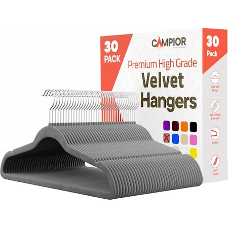 Campior Premium Velvet Non-Slip Hangers, Heavy Duty, 360 Deg Swivel Hook, Grey Velvet Finish, 30PK CMPVVH30GY