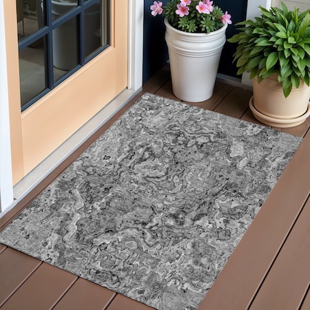 Homeroots 3' X 5' Gray Charcoal And Silver Abstract Washable Indoor Outdoor Area Rug 588468