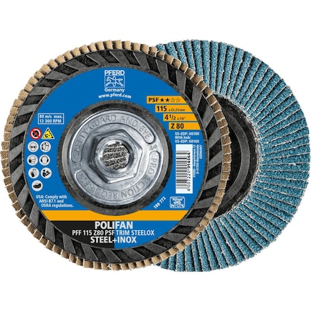 Pferd 4-1/2'' x 5/8-11 Thd. POLIFAN Flap Disc - Z PSF TRIM STEELOX, Zirconia, 80 Grit, Flat 68160