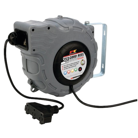 Performance Tool 50ft Retractable Cord Reel, 16GA Cord, 10 AMP Outlets, Auto-Rewind W2273