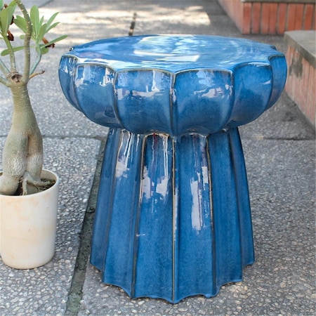 Fixturesfirst Round Scalloped Ceramic Garden Stool, Navy Blue Glaze FI3010427