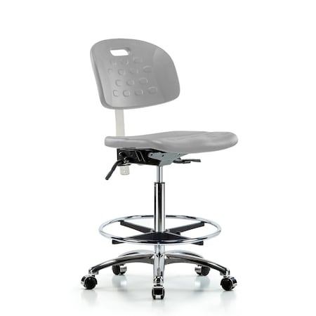 Blue Ridge Ergonomics CL100CleanRoom Chair-High Bench Height with Seat Tilt, Chrome Foot Ring, &Casters in Gray Poly CLR-HPHBCH-CR-T1-A0-CF-CC-GRY