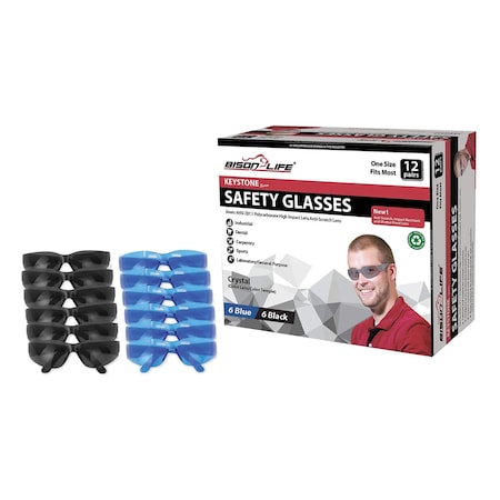 Bison Life Keystone, Safety Glasses, Anti-Scratch, Blue & Black Lens, Frameless, 12 PK BL-KSSG1-CLCT-BLBK-12