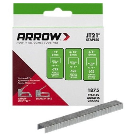 Arrow Fastener Light Duty Staples, JT21, Flat Crown, 1/4 in Leg L, Steel, 1000 PK 214