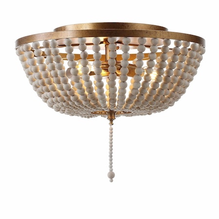 Jonathan Y Allison 15" 3-Light Shabby Chic Farmhouse Wood Beaded/Metal LED Flush Mount, Antique Gold/Cream JYL9019A