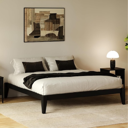 Allforwood Queen Wood Bed Frame, Solid Wood Platform Bed, Midnight Charcoal 805670