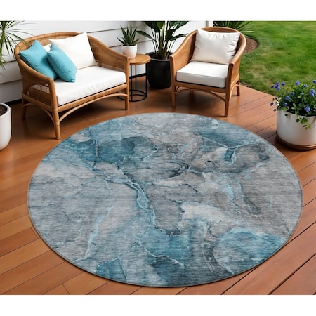 Homeroots 8' Teal Blue And Navy Blue Round Abstract Washable Indoor Outdoor Area Rug 581775