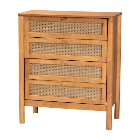 Baxton Studio Jenn Golden Brown Wood Japandi 4-Drawer Chest with Distressed-Finished Rattan 253-13947-ZORO
