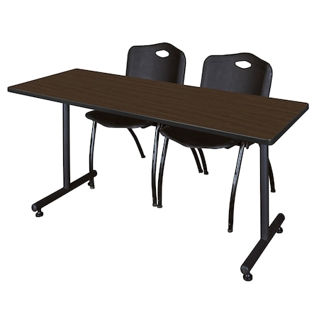 Regency Kobe T-Base Training Seminar Table W/ 2 M Stack Chairs, 60 in W, 30 in L, Neo Walnut MKTRCT6030NW47BK