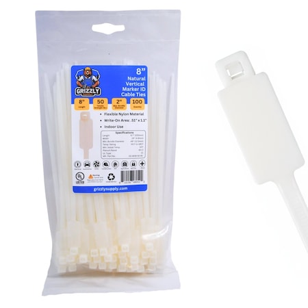 Grizzly Supply Vertical Marker Flag Cable Tie, 8 in L, 50 lb Strength, 2.2 in Max Bundle Dia, Nylon, Natural, 100PK GS-MV8-50-9C