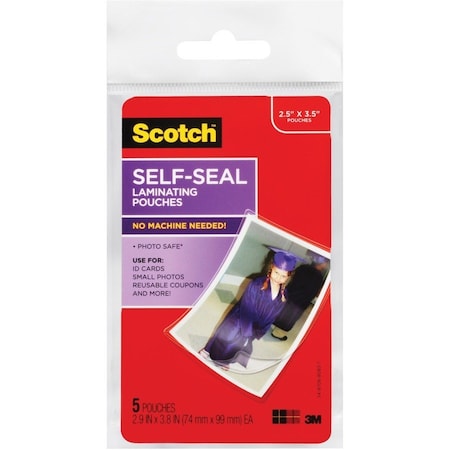 3M Scotch Self-Sealing Laminating Pouches, Glossy, 2 15/16 x 3 15/16, Wallet Size, 5/Pack PL903G