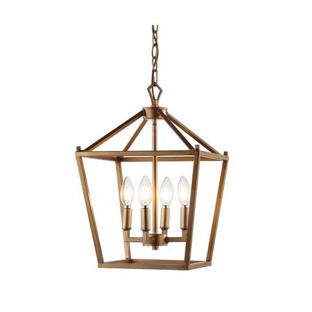 Jonathan Y Pagoda 12" 4-Light Classic Traditional Metal Cage Lantern LED Pendant, Antique Gold JYL7436B