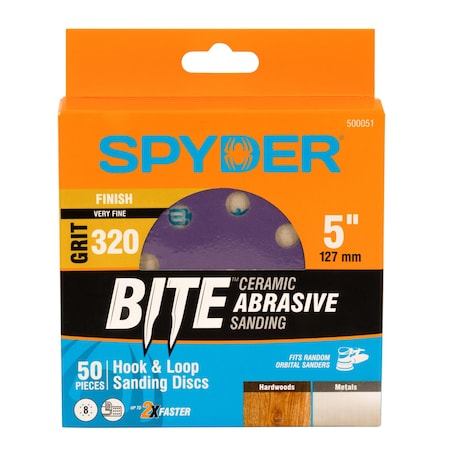 Spyder 5-Inch x 8-Hole 320 Grit Ceramic with Stearate Sanding Discs, 50PK 500051