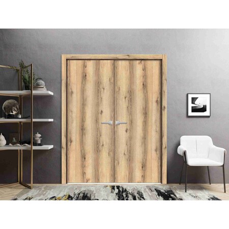 Sartodoors Solid French Double Doors, Planum 0010 Oak, Wood Solid Panel Frame Trims, Closet Bedroom Sturdy Doo PLANUM0010DD-DUB-5684