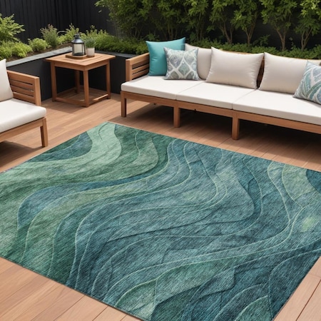 Homeroots 10' X 14' Teal Blue And Green Abstract Washable Indoor Outdoor Area Rug 618183