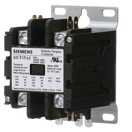 Siemens Definite Purpose Contactor, 240V-277V AC, 2 P, Non-Reversing, 1 Phase, Quick Connect & Screw 42CF15AL