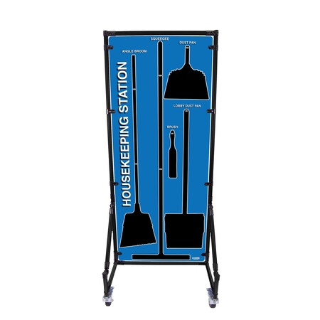 5S Supplies 5S Housekeeping Shadow Board Broom Station Version 14 - Blue Board / Black Shadows With Broom HSB-V14-BLUE-KIT