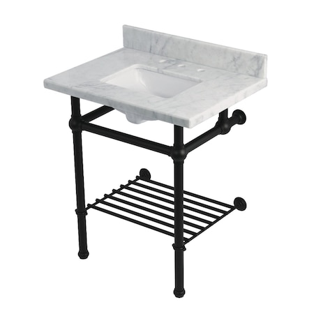 Kingston Brass 30-Inch Carrara Marble Console Sink with Brass Legs and Shelf, 8-Inch, 3-Hole KVPB30MBSQB0