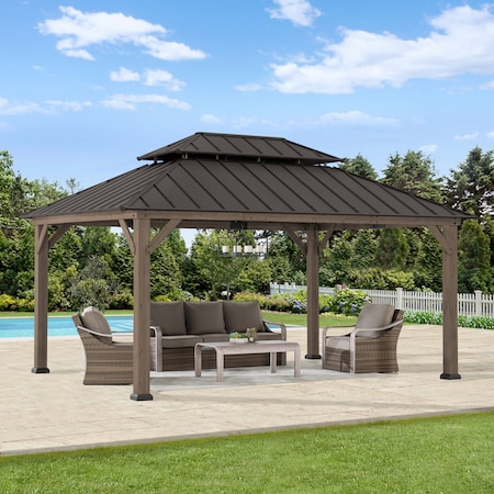 Sunjoy 12 ft. x 16 ft. Wood Gazebo, Outdoor Patio Steel Hardtop Gazebo, Cedar Framed Wooden Gazebo A1020326H0