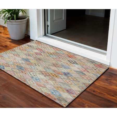 Homeroots 3' X 5' Terra Cotta Beige And Teal Blue Geometric Washable Indoor Outdoor Area Rug 603281