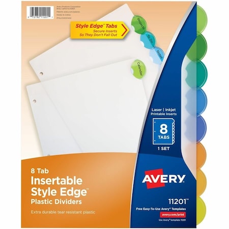 Avery Dennison Avery Style Edge Clear Plastic Insertable Divider, 8.5"x11", 8 Tabs, White/Multicolor 11201