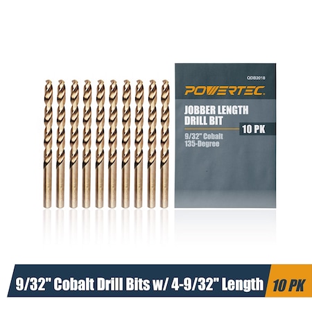 Powertec 9/32" Cobalt Drill Bits 4-9/32" Length, M35 HSS Jobber Length Twist Bits with 135 Deg Tip, 10PK QDB2018