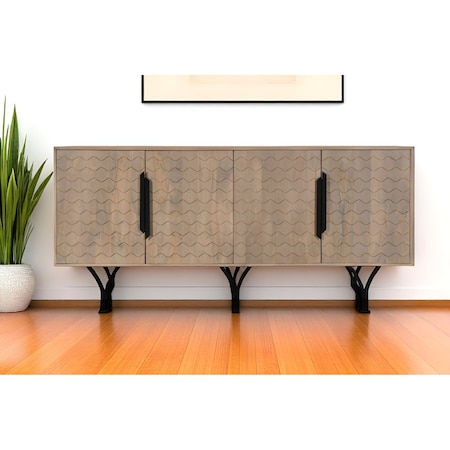 Homeroots 84" Beige Solid Wood Carved Geometric Sideboard with Four Doors 634318