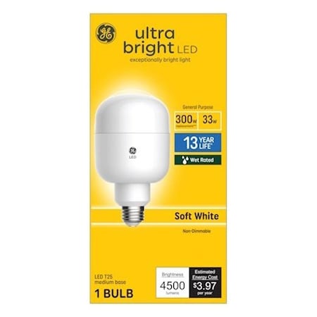 Ge LED Bulb, Linear, T25 Lamp, 300 W Equivalent, E26 Lamp Base, Soft White Light, 2700 K Color Temp 93128935
