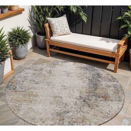 Homeroots 8' Ivory Blue And Copper Round Abstract Washable Indoor Outdoor Area Rug 605845