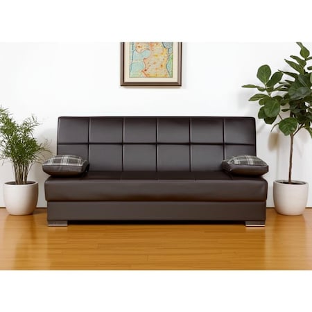 Homeroots 75" Brown Faux Leather Convertible Futon Sleeper Sofa And Toss Pillows With Storage 607186