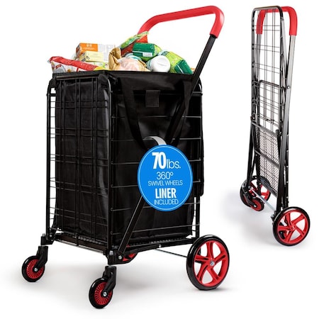 Serenelife Small Compact Folding Shopping Cart with Removable Waterproof Liner SLSPCART75